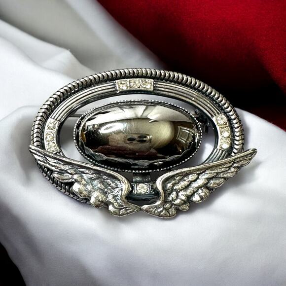 Vintage Ermani Bulatti Brooch Reflective Metal Pin Clear Rhinestones Wings - Picture 1 of 8